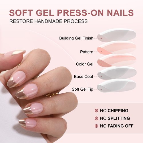 RTKHFZE Press On Nails Short - French Tip, Almond, Metallic Chrome Gold Finish, Reusable Stick On Nails in 16 Sizes - 32 Soft Gel False Nails Kit