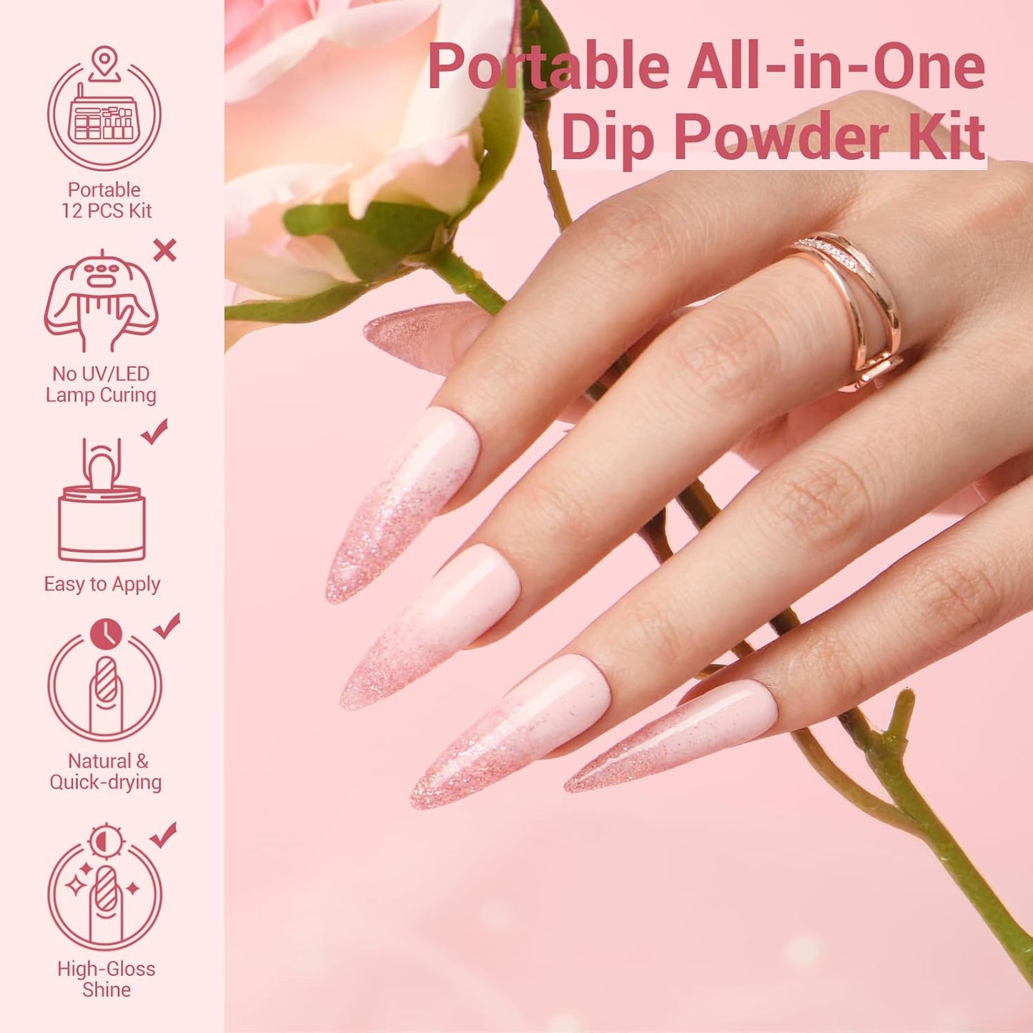 AZUREBEAUTY Dip Powder Nail Kit - 4 Colors Glitter Soft Pink French Nail Art | Base & Top Coat Included
