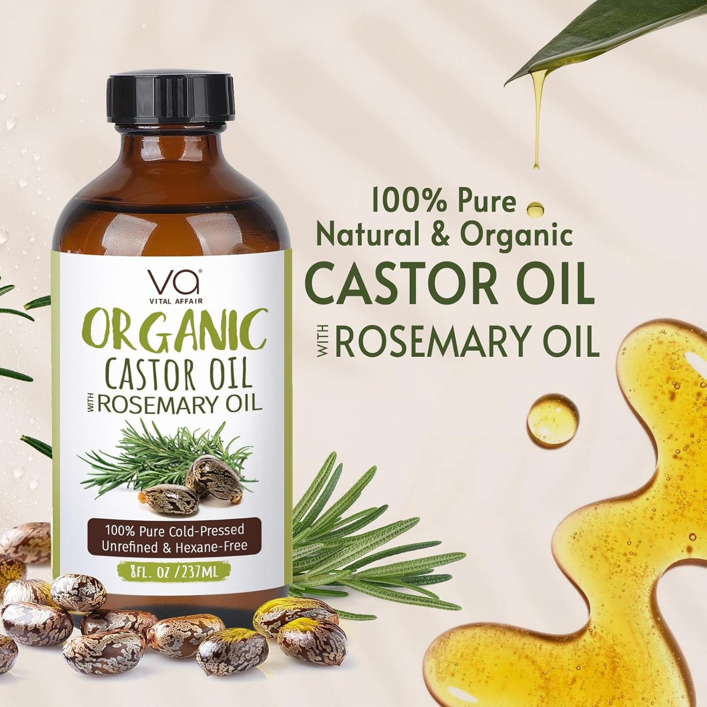 VITAL AFFAIR Organic Castor Oil - 100% Pure Rosemary Hair Growth Oil in 8 Fl Oz Glass Bottle | Strengthens & Volumizes