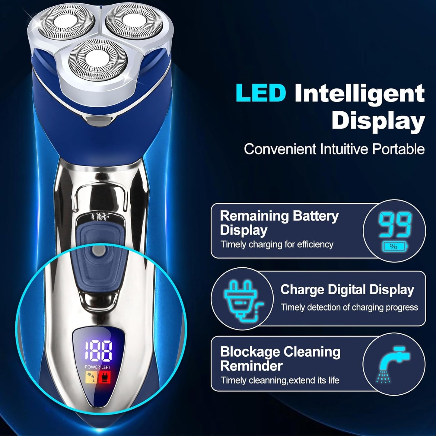 Skiennix Electric Razor for Men - Rechargeable Wet/Dry Shaver with LED Display & Pop-Up Trimmer