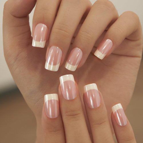 Curvlife Square French Press on Nails Medium Acrylic Fake Nails with Medium Hanley French Design Full Cover False Nails Tips for Women Reusable Nail Kit