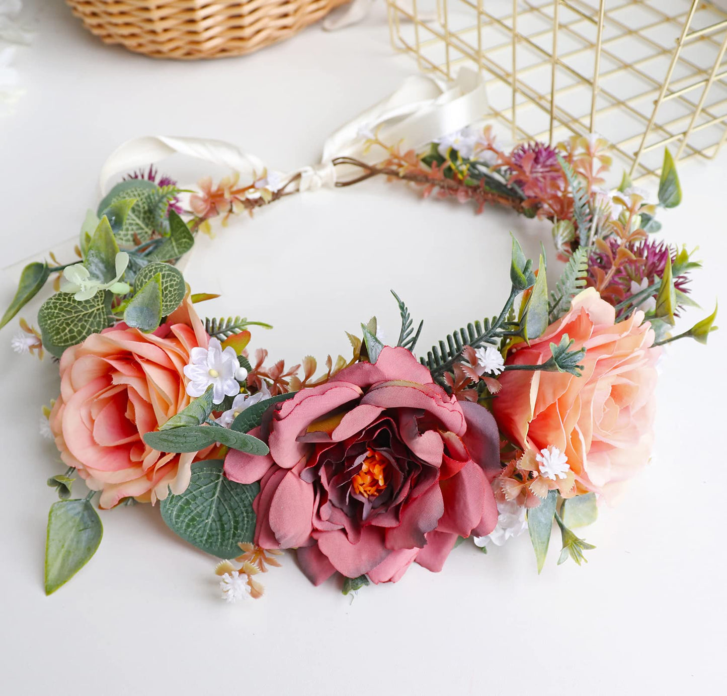 LLinfflr Floral Crown Flower Garland Headband Hair Wreath Floral Headpiece Halo Boho Party Prom Wedding Photos