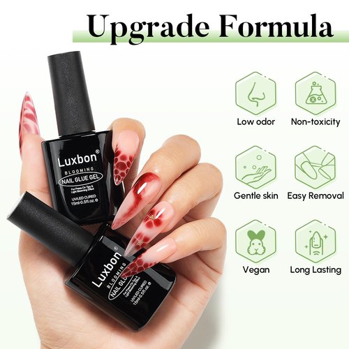 Luxbon 2x15ml Blooming Nail Glue Gel, UV/LED Cured Gel Glue Polish Blossom Long Lasting For Press On Tips Fake Nails Full Cover Nails