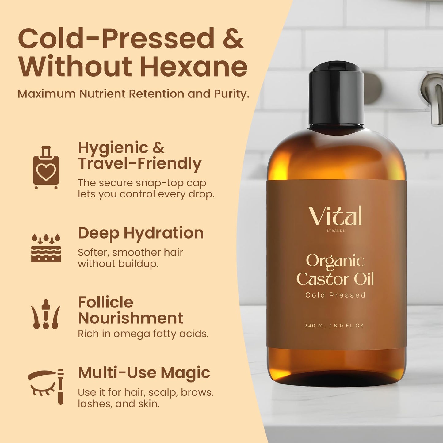 Vital Strands Castor Oil Organic & Cold Pressed – Nourishing Treatment for Hair & Skin – Eyelash & Brow Serum – Aceite de Ricino - Hexane Free, Vegan, 8oz