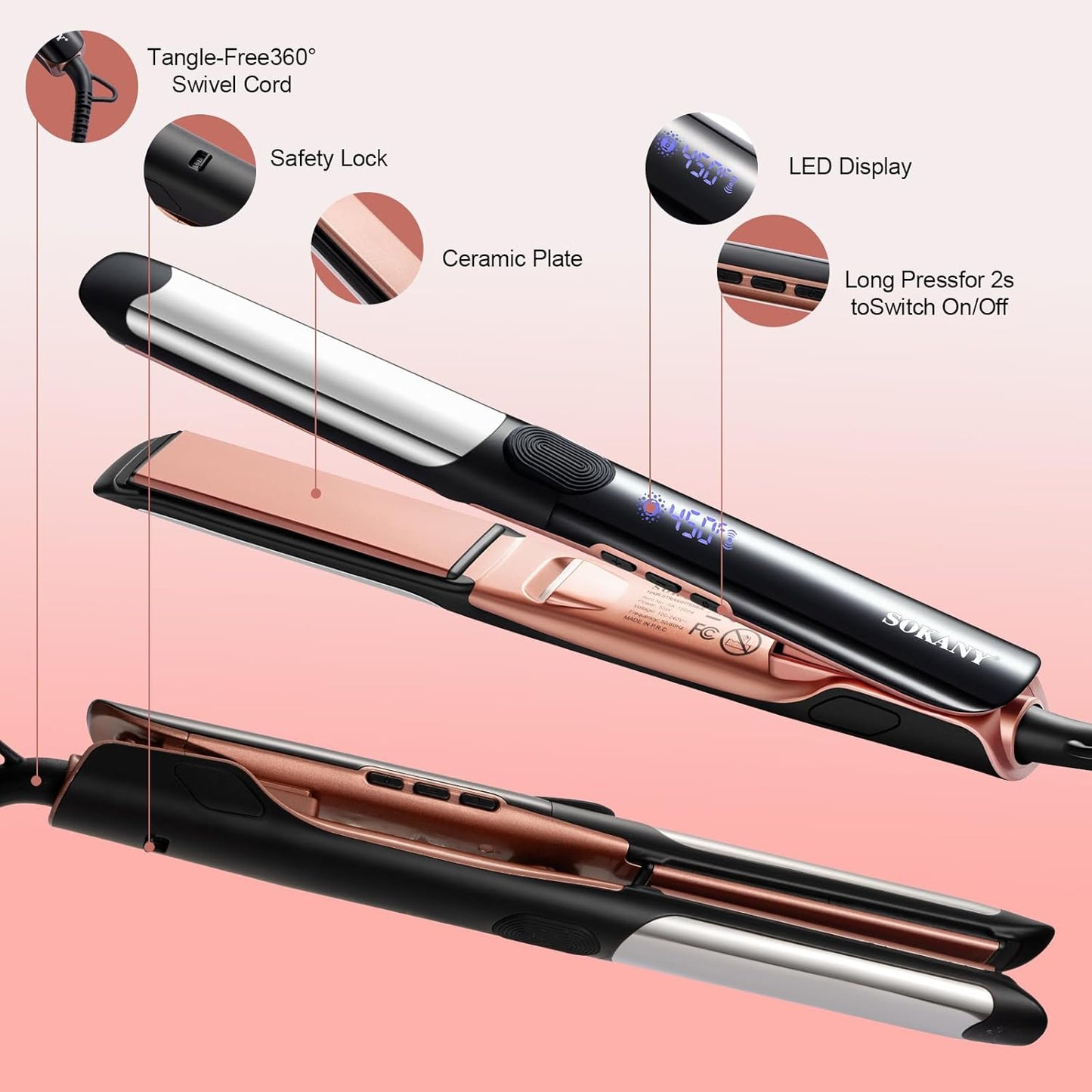SOKANY 2-in-1 Hair Straightener & Curler - Titanium Ceramic Plates, Dual Voltage, 8 Temp Settings
