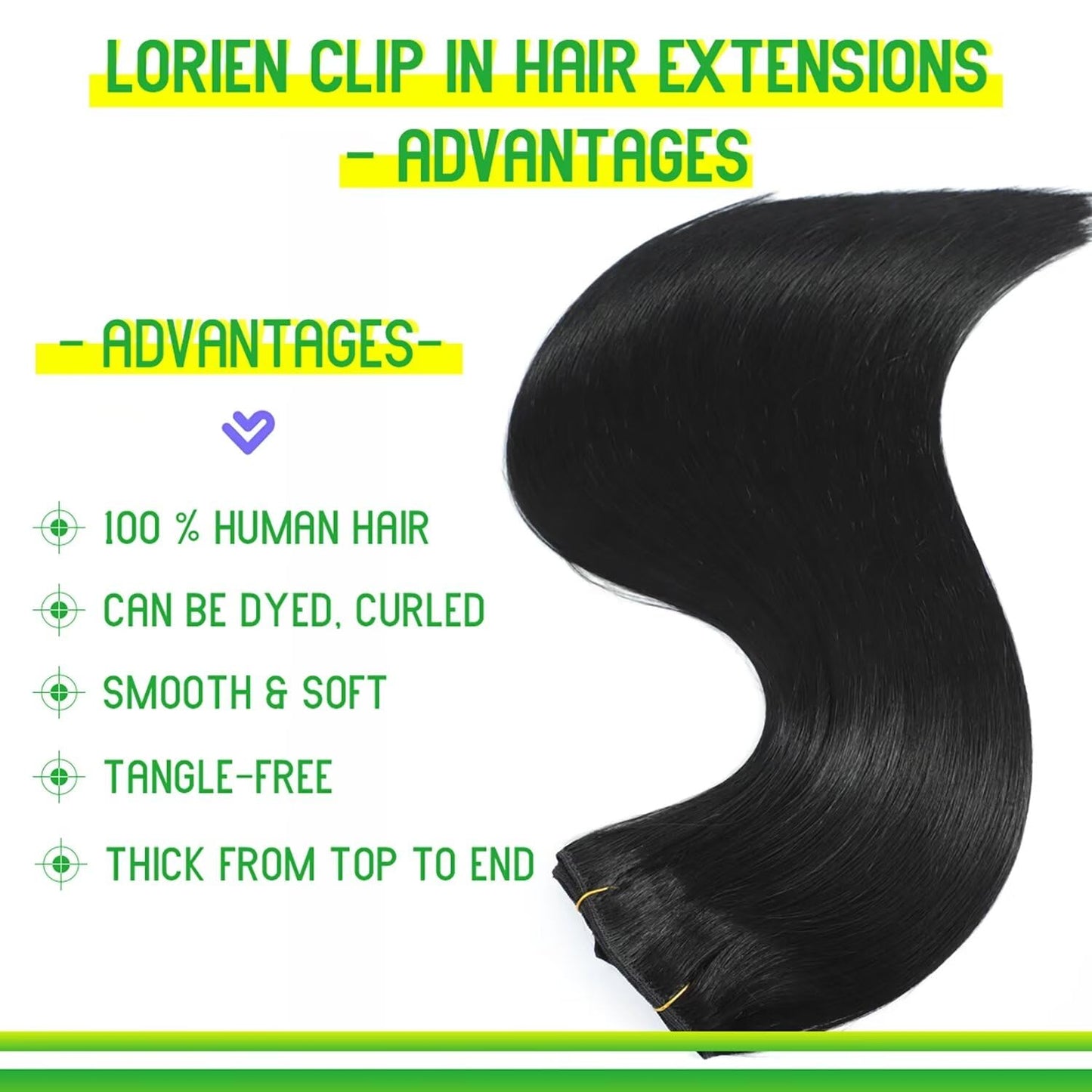LORIEN Clip in Hair Extensions Real Human Hair, 16 Inch 90g, 1 Jet Black, Clip in 100% Brazilian Remy Human Hair Extensions 8pcs Per Set with 18 Clips Double Weft