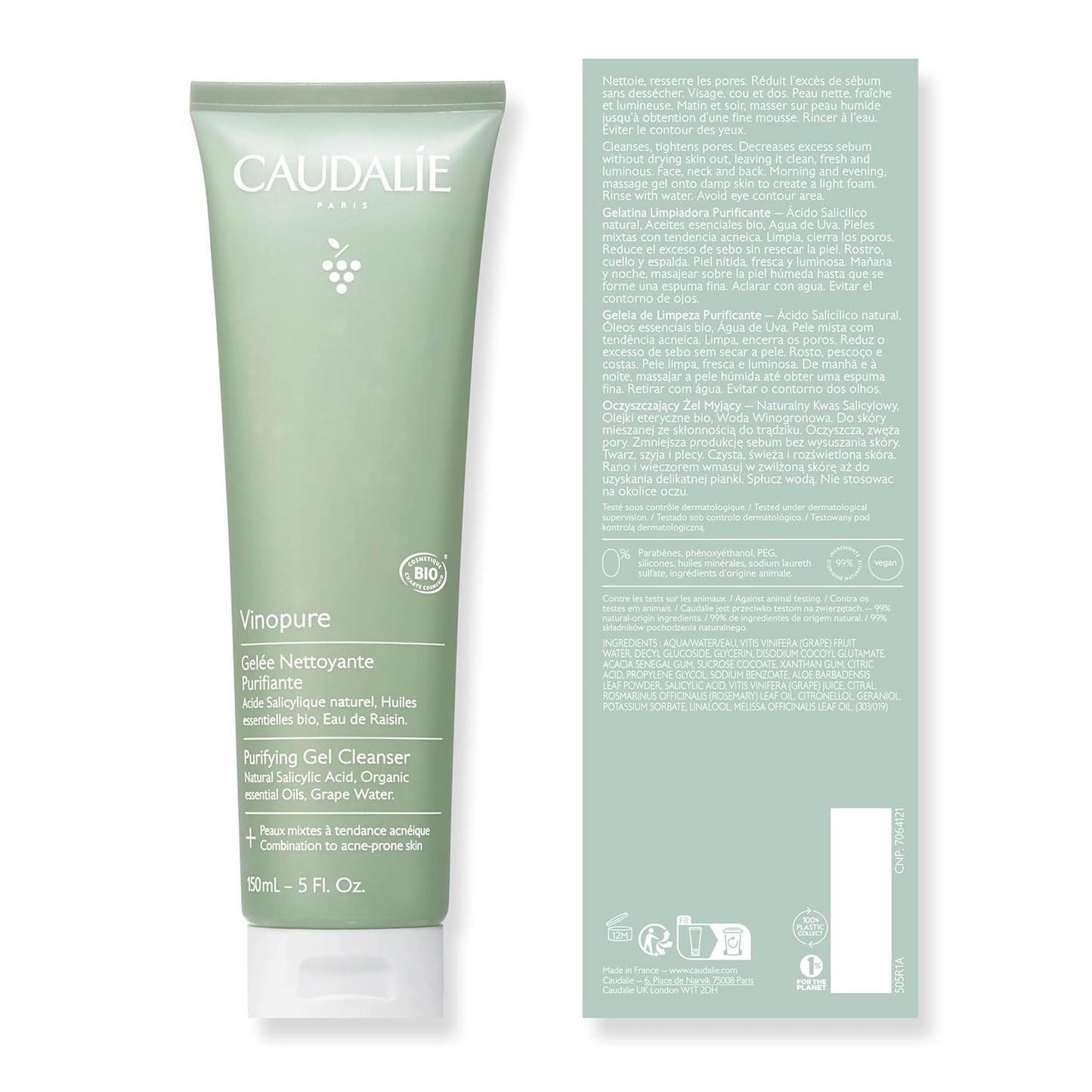 Caudalie Vinopure Salicylic Acid Cleanser - Pore Purifying Gel, 150 mL (Pack of 2)