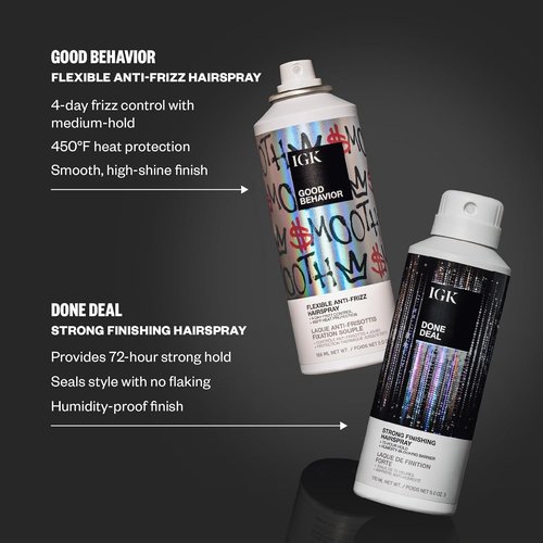 IGK Done Deal Hairspray - Strong Hold Finishing Spray for All Hair Types, Humidity-Resistant, 5 oz