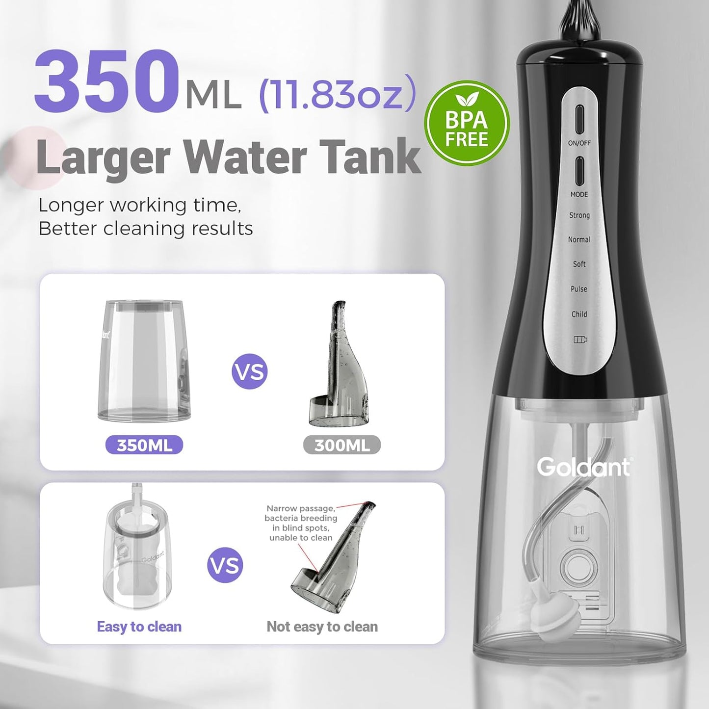 Skiennix 350ML Water Flosser - Cordless & Rechargeable, 5 Modes, 360° Nozzle, IPX7 Waterproof | Portable Black