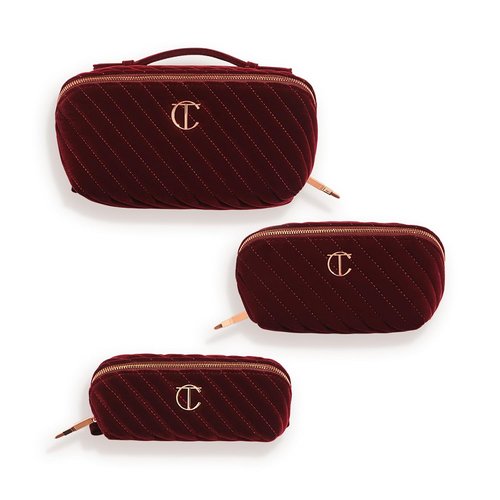 Charlotte Tilbury Travel Makeup Bag - Quilted Velvet Cosmetic Organizer with 5 Compartments & Zip Pocket | Iconic Night Crimson