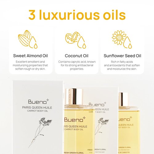 Bueno Paris Queen Carrot Body Oil - Hydrates & Protects Skin with Carrot Extract | 6.7 Fl Oz