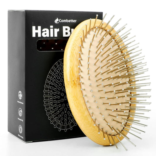 Skiennix Metal Hair Brush - Scalp Massage & Hair Growth Tool | Natural Bamboo, No Handle Design