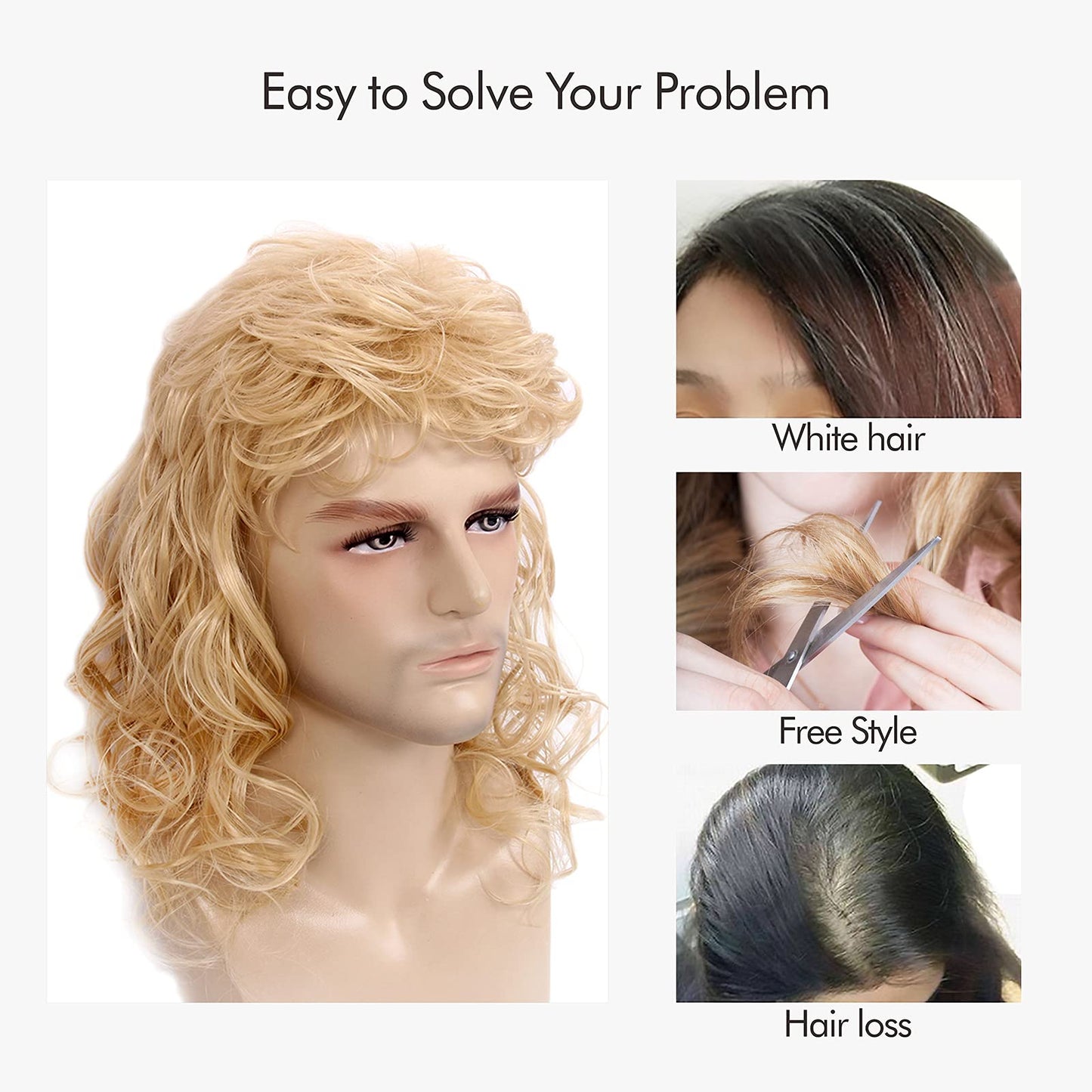 MEDISIFA Blonde Mullet 70s Wig with Bangs Disco Party Mens Wig Long Curly Men Wigs for Man Male Hippie Rocking 80s Them Party Cosplay Costume Anime Heat Resistant Synthetic Hair Wig 70's Wig