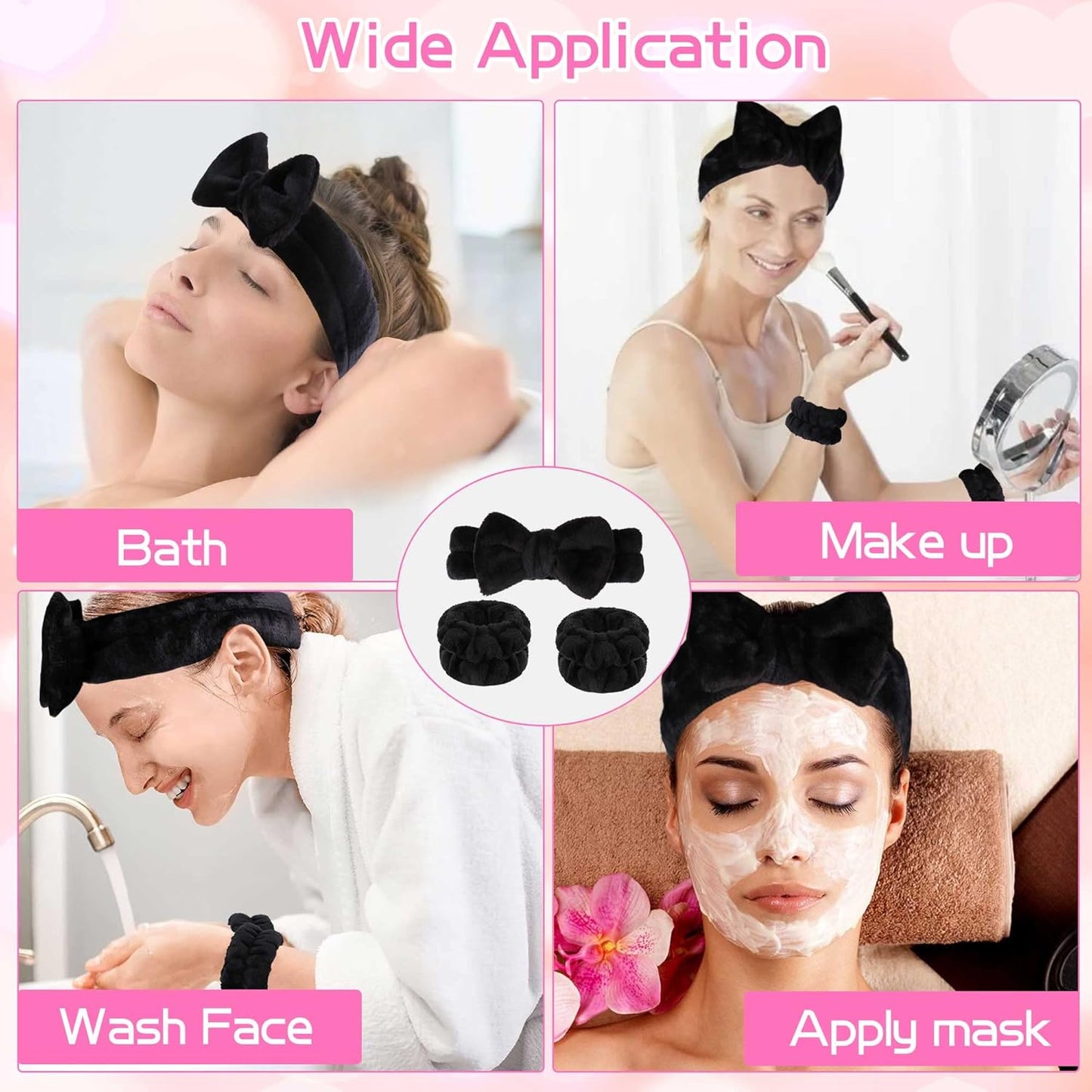WSYUB Makeup Headband Set - Fluffy Black Spa Headband & 2 Absorbent Wristbands for Skin Care
