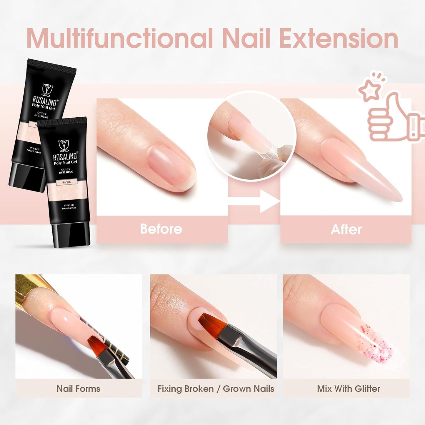 Nude Poly Extension Gel, ROSALIND 2.7 oz Light Nude Poly Nail Gel Builder for Nail Art Decoration, Thickening Extension Easy to DIY Use at Home Need UV Lamp