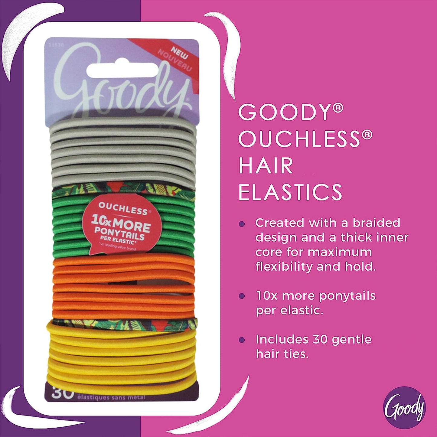 Goody Ouchless Elastics Hair Tie - 30 Count, Tropical Garden - 4MM for Medium Hair - Pain-Free Hair Accessories for Women Perfect for Long Lasting Braids, Ponytails and More