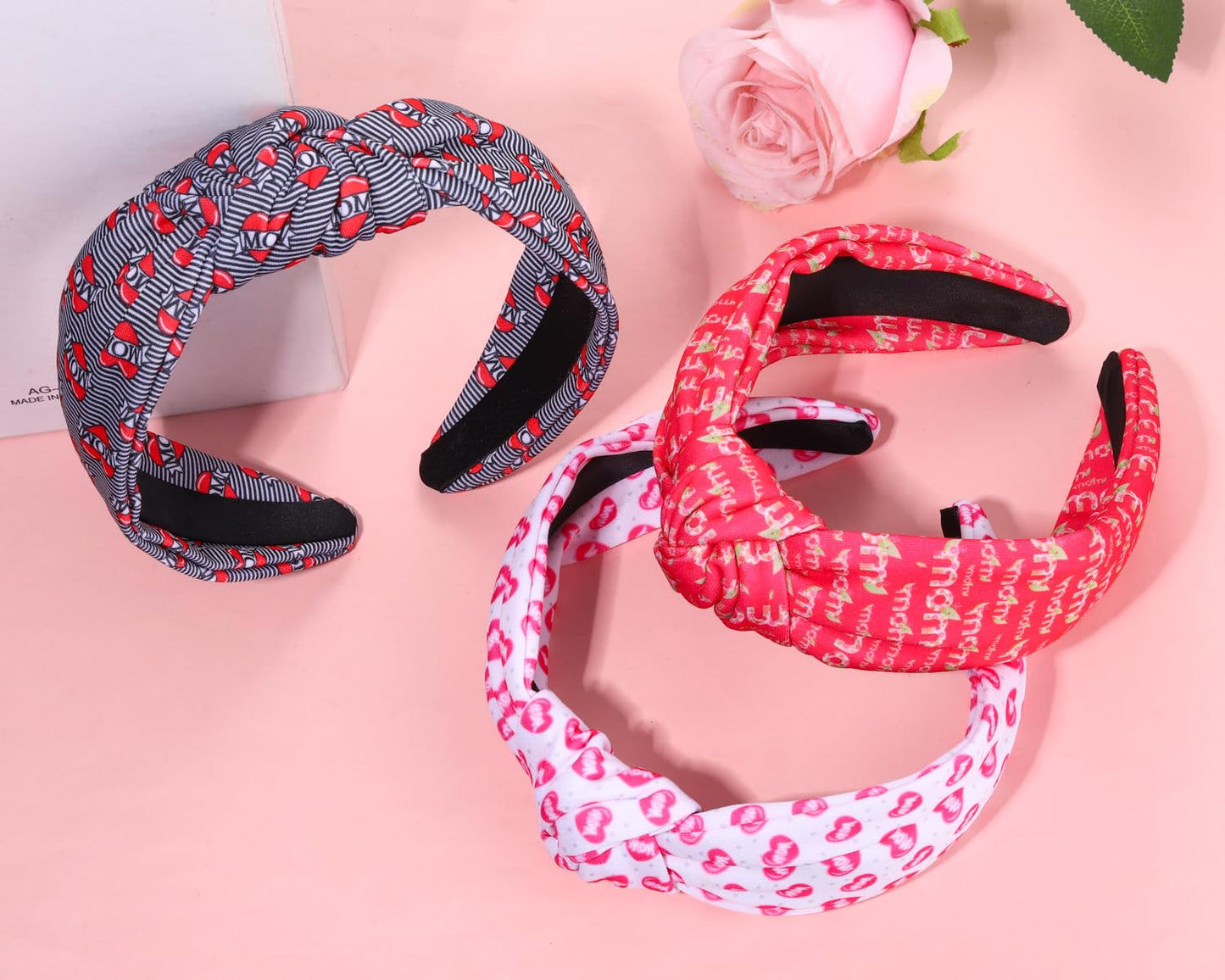 JERTOCLE Holiday Headband Accessories for Women Printed Heart Knotted Headband Mother's Day Birthday Decor Gifts (Mom A)