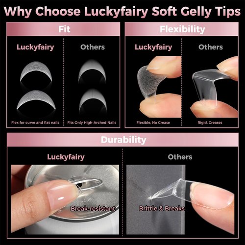 Luckyfairy Extra Short Almond Nail Tips, 240pcs Soft Gel Pre-Shaped Acrylic Fake Nails, Half Matte Full Cover Clear Gelly Press on Flase Nail Tips for Extension Nail Manicure Home DIY 12 Sizes