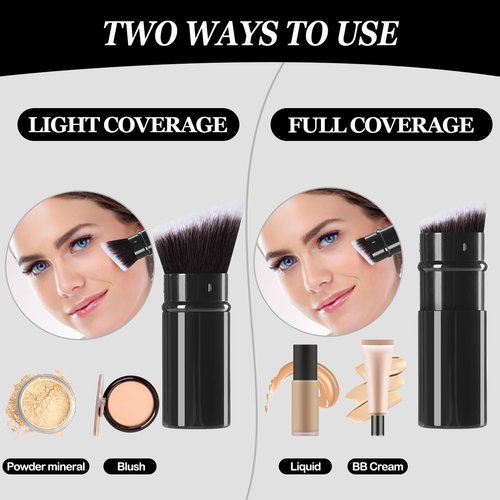 Keriloo Retractable Kabuki Makeup Brush, 2 Pack Travel Angled Powder Foundation Blush Brush Set for Blending Liquid, Bronzer, Buffing, Concealer, Blush, Highlighter, Flawless Cosmetics
