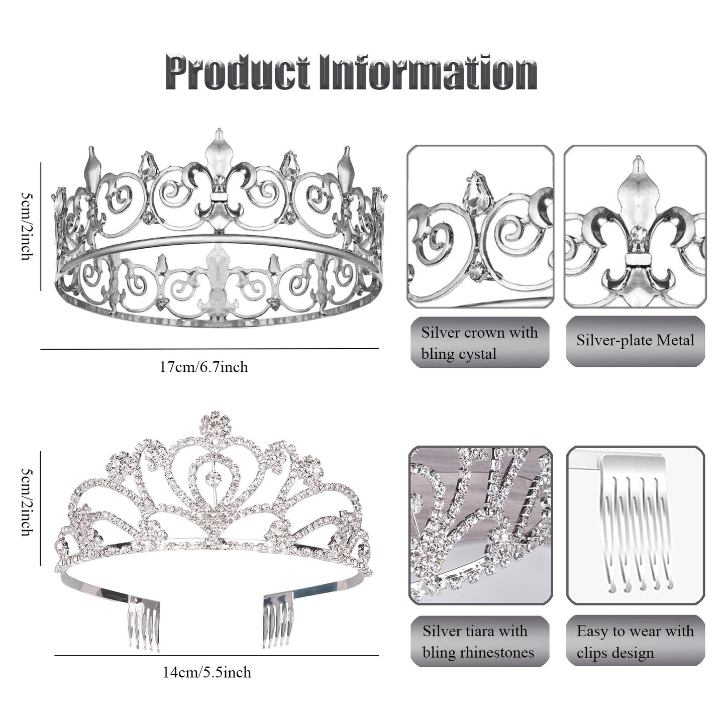 AMind4U 2PCS King and Queen Crown Set Metal Crown for Men and Women Crystal Tiaras for Girls Costume Accessories for Prom Wedding (Silver 3)