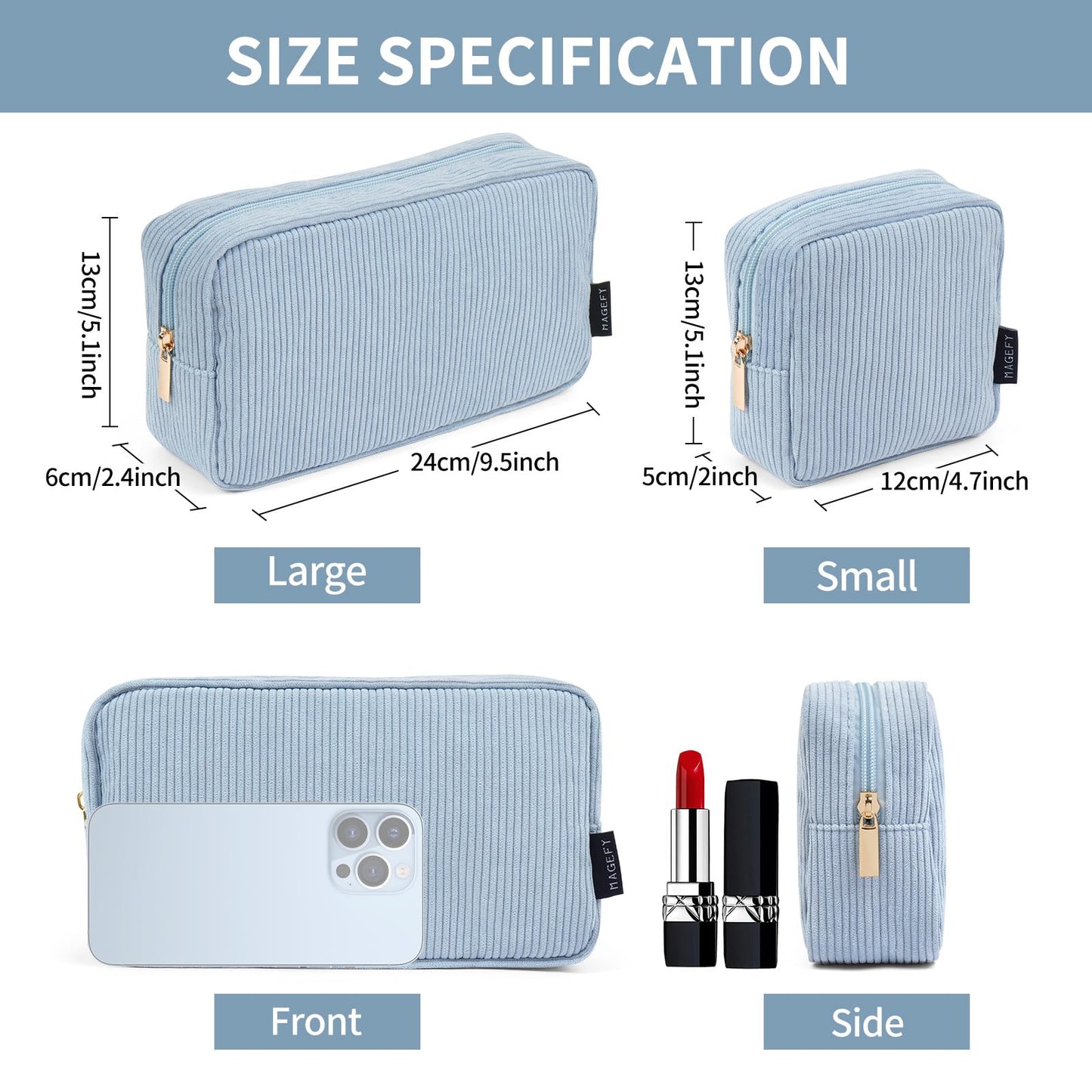 MAGEFY Makeup Bag for Purse, 2 Pcs Corduroy Cosmetic Bag for Girls Women Small Travel Makeup Pouch with Zipper(Blue)