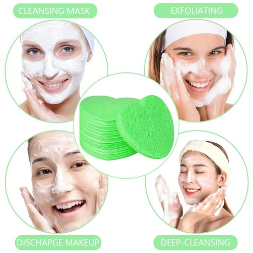 50-Count Facial Sponges Compressed, 100% Natural Cellulose Face Sponge Professional Cosmetic Spa Sponges for Face Cleansing, Exfoliating Mask, Makeup Removal for Travel and Home, Green