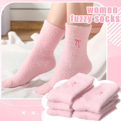Geyoga 5 Pairs Fuzzy Socks for Women Valentines Day Cozy Gift Soft Spa Slipper Sock Coquette Stuff Fluffy Thick Home Sleeping(Pink,Bow)