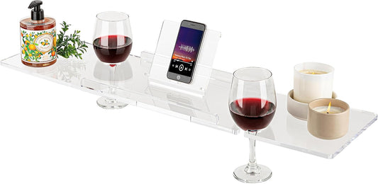 Supreme Plus Luxury Bathtub Tray Caddy - 3/8" Thick Clear Acrylic with iPad & Wine Glass Holders