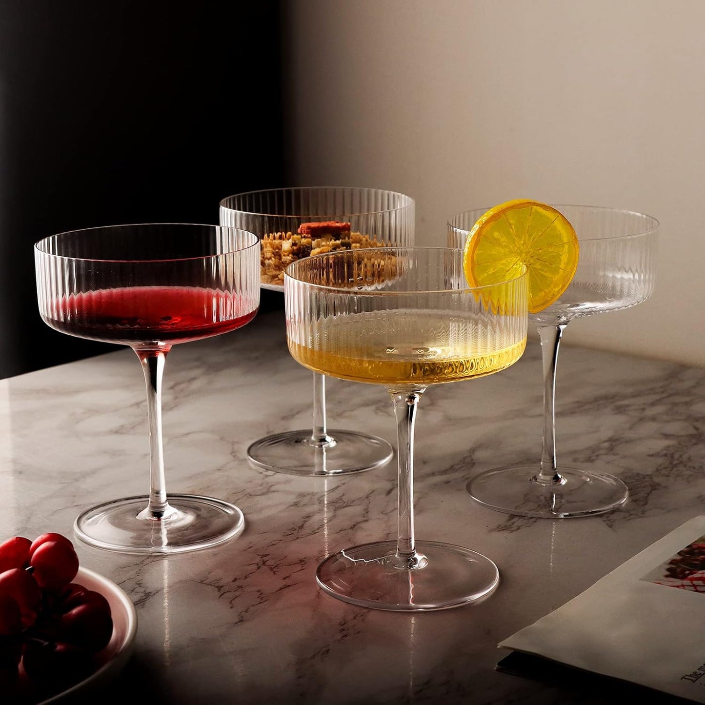 Skiennix 10 oz Ribbed Coupe Cocktail Glass Set - Elegant Hand Blown Martini Glasses in Gift Box (6 Pcs)