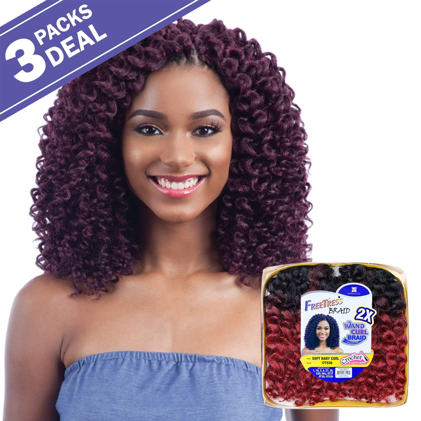 FreeTress Synthetic Hair Crochet Braids 2X Soft Baby Wand Curl (3-pack, 4)