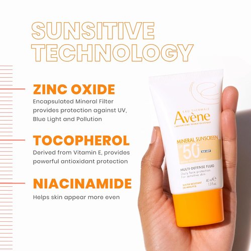 Avène Mineral Sunscreen - Tinted SPF 50+ Fluid for Sensitive Skin | Reef Friendly, Antioxidant Protection, 1.3 Fl Oz