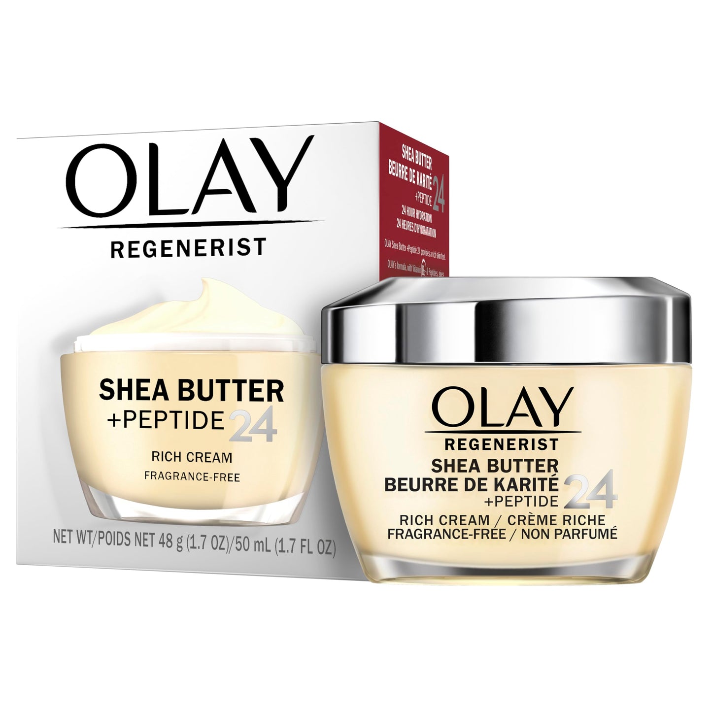 Olay Regenerist Shea Butter + Peptide 24 Rich Cream Face Moisturizer, Fragrance Free, 1.7 oz (48g)