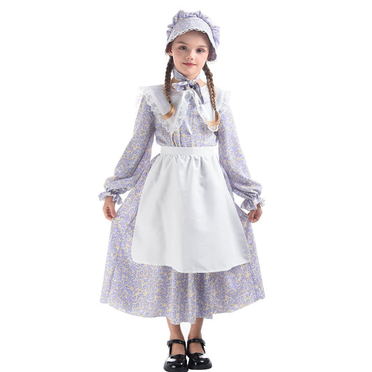 LTAKK Prairie Dresses Girls Pioneer Colonial Costume Girl Pilgrim Dress with Shawl, Apron and Bonnet, Blueviolet, Large