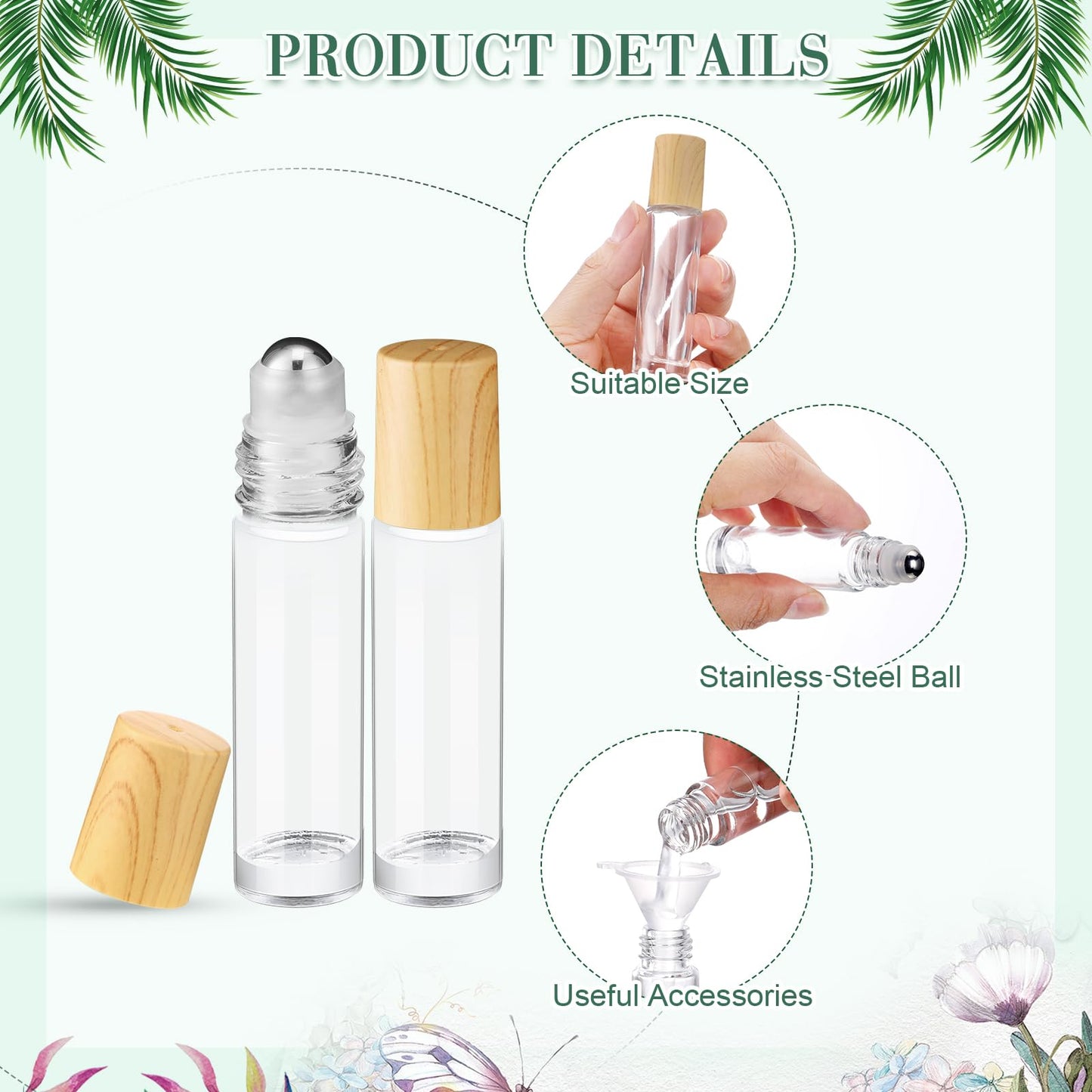Sumind 150 Pcs Essential Oil Roller Bottles 10 ml Glass Empty Roll on Bottles with Stainless Steel Balls Leak Proof with 5 Funnel for Travel Essential Oil(Clear, Wood)