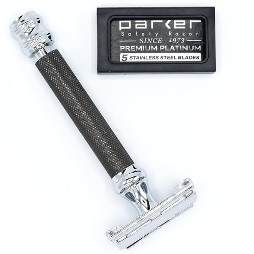 Parker 76R Heavyweight Butterfly Safety Razor - Gunmetal Finish & Long Knurled Handle for Precision Shaving