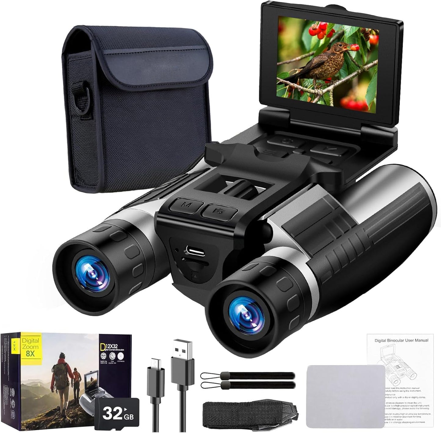 2.4" LCD Digital Binoculars with Camera, 48MP 2.5K Video Recording, 12x32 Optics, 8X Digital Zoom for Bird Watching, Hunting, Concerts and Sports, Includes 32GB Card