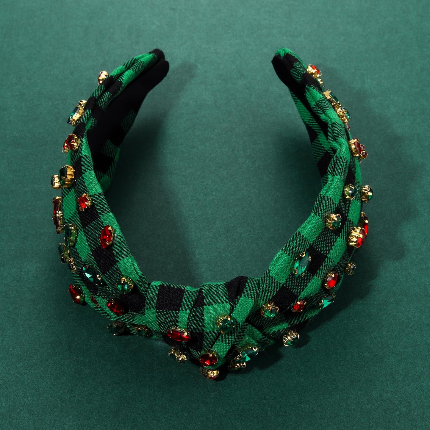 Christmas Holiday Headband for Women Rhinestone Crystal Knotted Headband Embellished Red Green Plaid Top Knot Headband Christmas Hair Accessories Holiday Outfits Festive Party Gifts (Christmas 2)