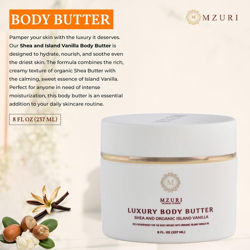 MZURI Body Butter - Whipped Shea & Island Vanilla Blend, Fast-Absorbing Moisturizer for Glowing Skin - 8 Fl. Oz