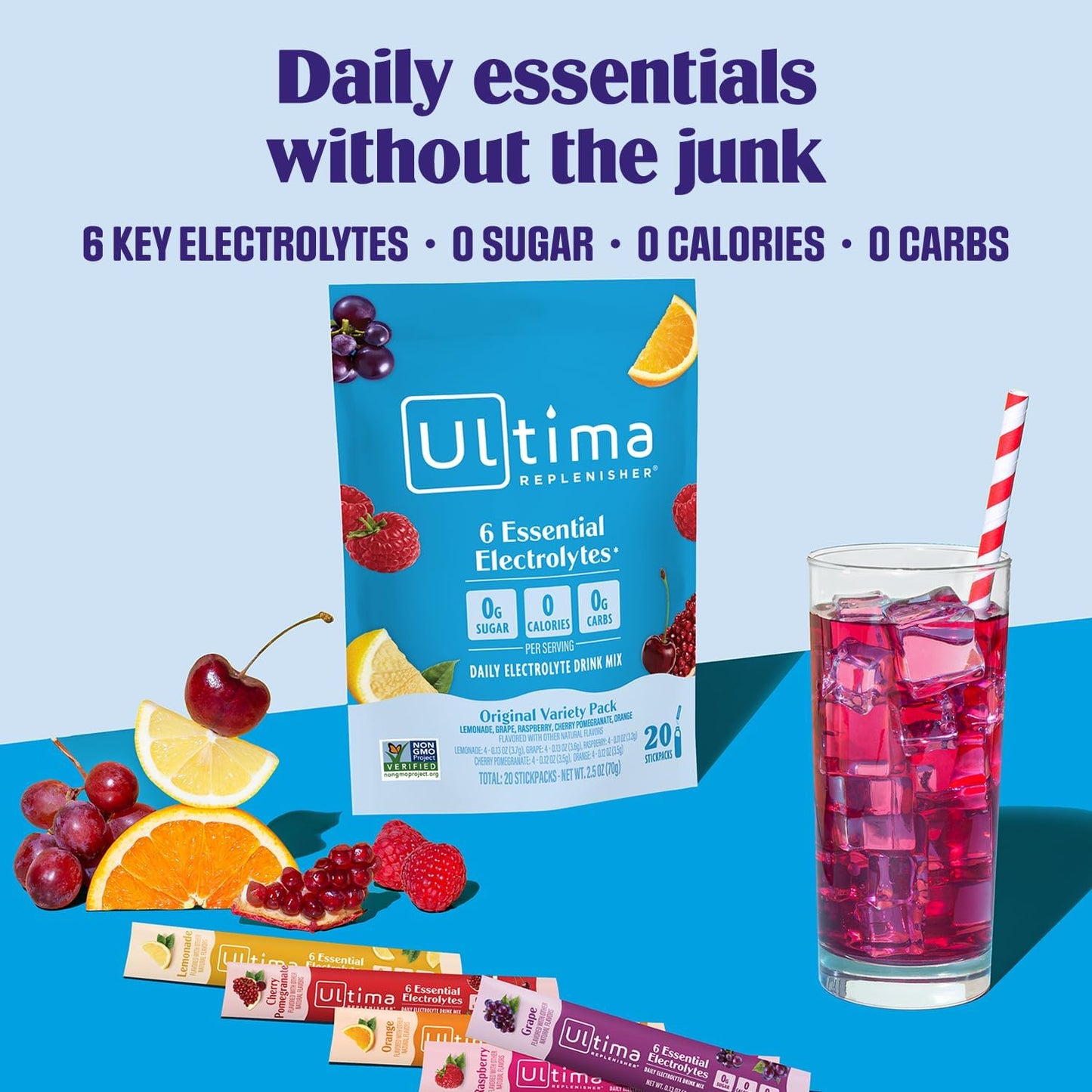 Ultima Replenisher Electrolyte Powder - Original Variety Pack, 20 Sugar-Free Stickpacks | Plant-Based Hydration Mix