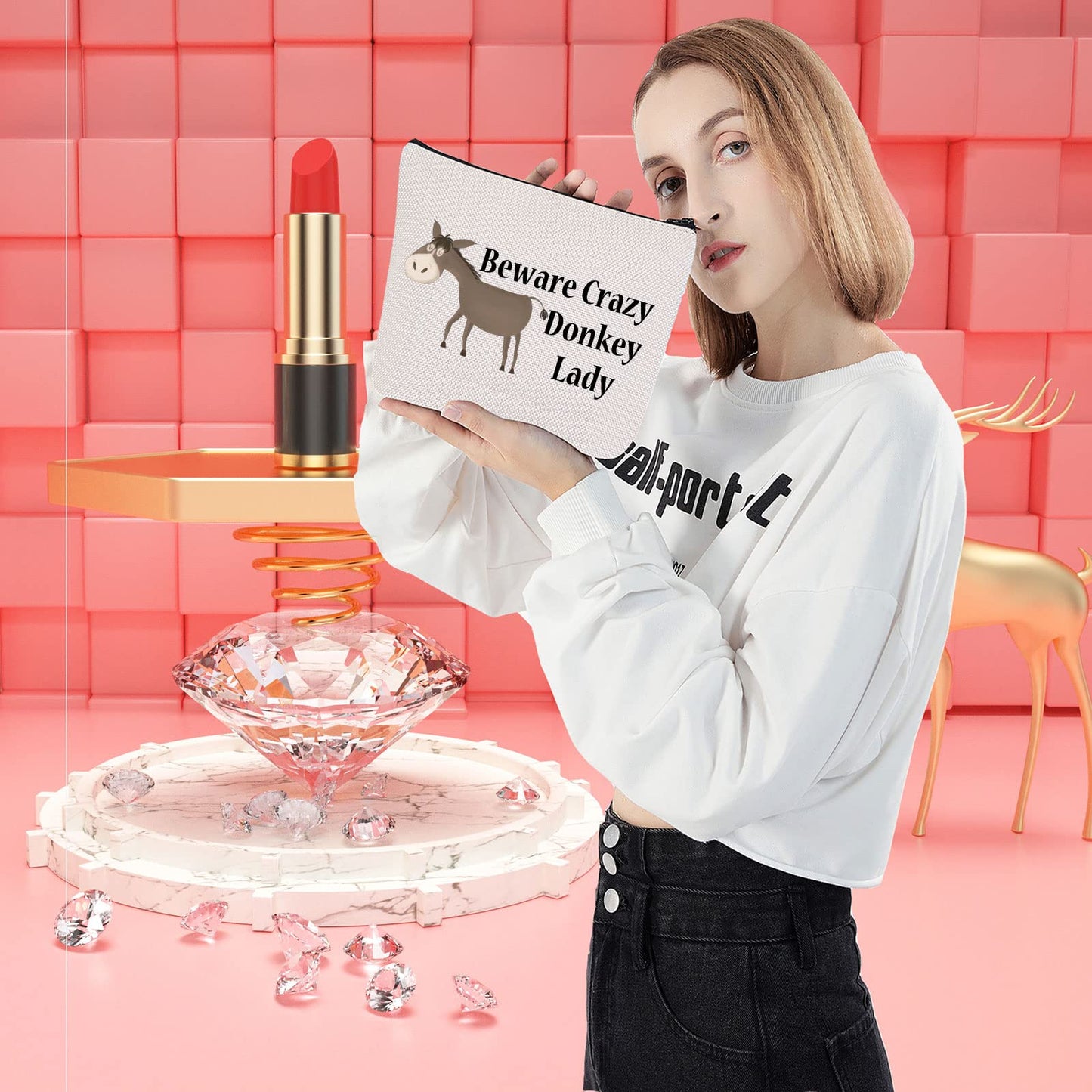 LEVLO Funny Donkey Lovers Gifts Beware Crazy Donkey Lady Makeup Bags Donkey Mom Cosmetic Gifts (Beware Crazy Donkey Lady)