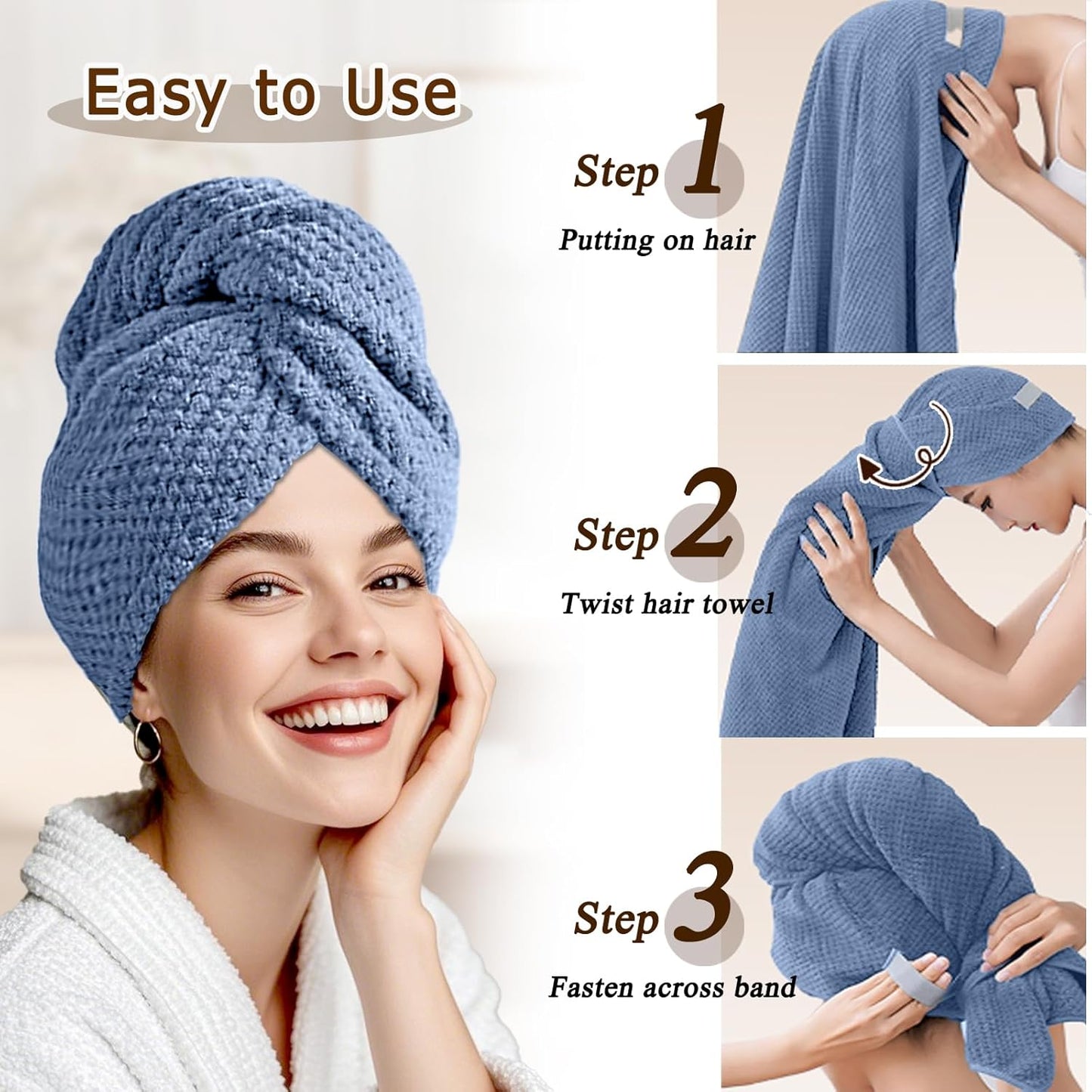 Skiennix Large Microfiber Hair Towel - Ultra Absorbent & Quick Dry for Curly Hair | 24x42 Inches (Blue)