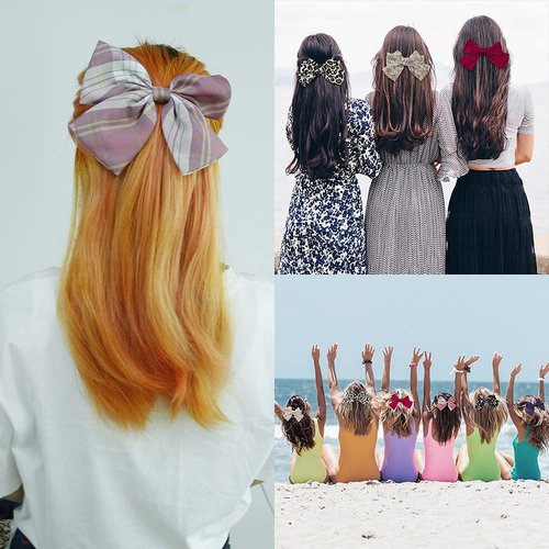 6 Pcs Big Bow Hair Barrettes 8 Inch Leopard Rhombus Floral Satin Hair Bow Handmade Ribbon Bow knot Hair Clips for Fashion Women