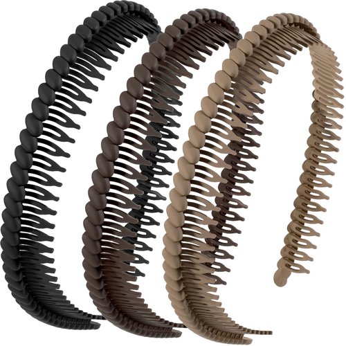 Alpinleux 3 Pcs Headband with Teeth, Comfortable Headbands for Women with Teeth, Fashion Comb Headband, Plastic Head Bands for Women's Hair Non Slip (4.3''×0.7'', Black, Coffee, Khaki)