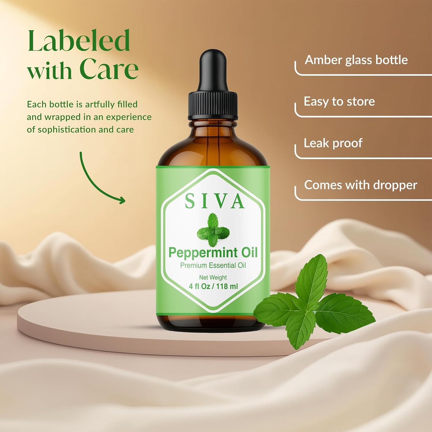 Siva Peppermint Essential Oil - 100% Natural Aromatherapy Oil - 4 Fl Oz for Diffuser, Skin Care & Massage