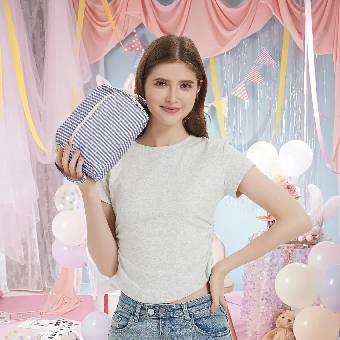 Narwey Striped Wide Open Makeup Bag Women, Travel Toiletry Bag for Women Cosmetic Bag Organizer Make up Bags with Compartments, Gift for Teen Girls (Greyish Blue Stripe)