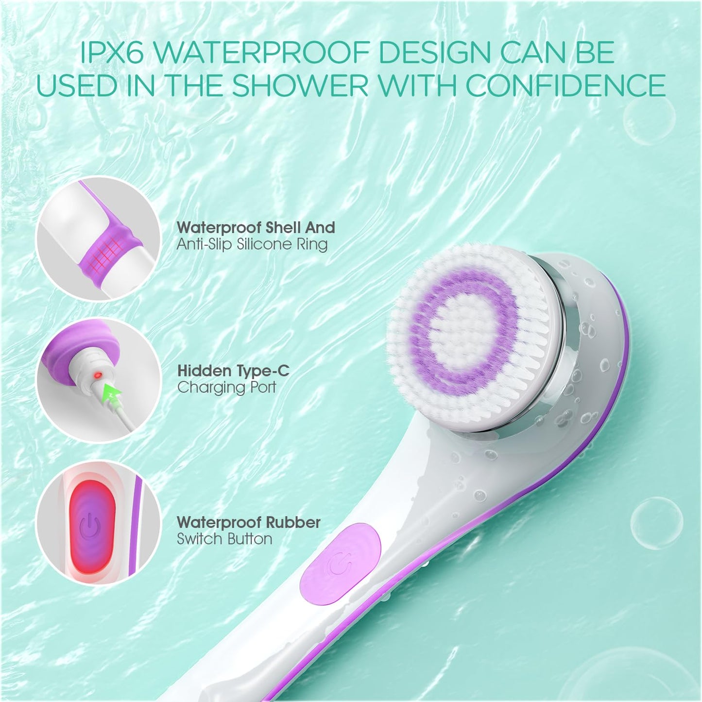 VOYOR Electric Body Brush Back Scrubber for Shower Rechargeable Exfoliating Bath Brush Powered Shower Brush with Non-Slip Long Handle Deep Cleansing, Exfoliation, Massaging Spin Brush BC100 (Purple)