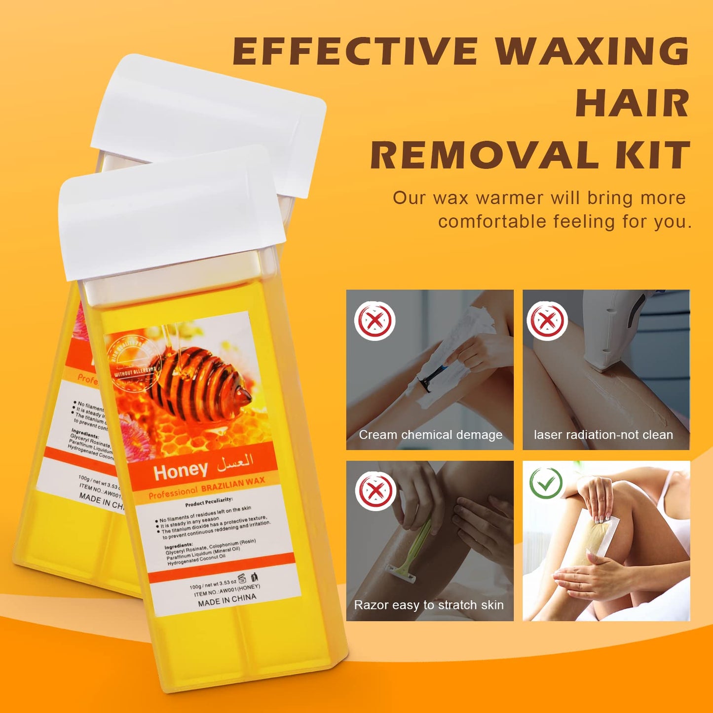 Digital Roll On Wax Kit,Honey Thermostatic Roller Waxing Kit for Sensitive Skin, Depilatory Soft Wax Warmer with 2 Cartridge Refill 10 Wax-removing wipes and 100pcs Wax Strips