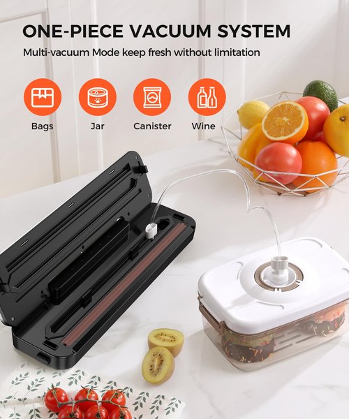 Vacuum Sealer Machine 75KPa Food with 6-in-1 Dry/Moist Modes & Digital Timer, Compact Lightweight Design, Built-in Cutter + 10 Bags (Black Silver)