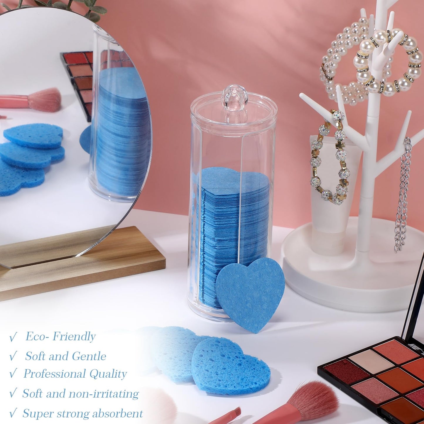 Sieral 120 Pcs Compressed Facial Sponges with Container Disposable Face Sponge Pads for Washing Face Cleansing Exfoliating Esthetician Makeup Removal(Heart,Dark Blue)