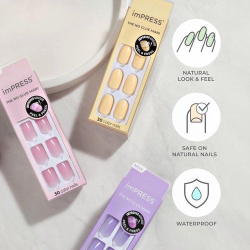 KISS imPRESS Press-On Nails - No Glue, Short Squoval Shape, Pink 'Sandbox' - 30 Nails & Accessories Included